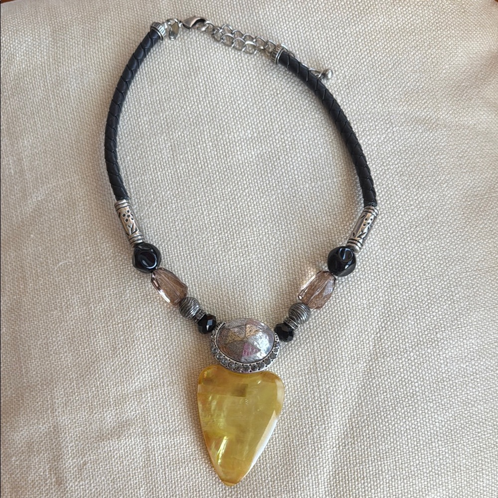 Chicos Black Leather MOP / Silver tone / Crystal Triangular Pendant Necklace 20”